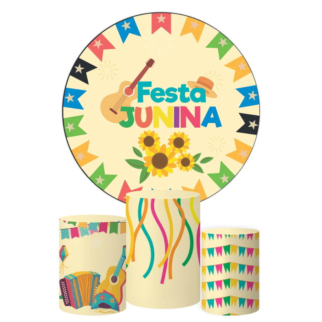 Kit Painel Redondo + Trio Capas Cilindro Festa Junina Arraiá São João Decoração Tecido Veste Fácil Mod 9