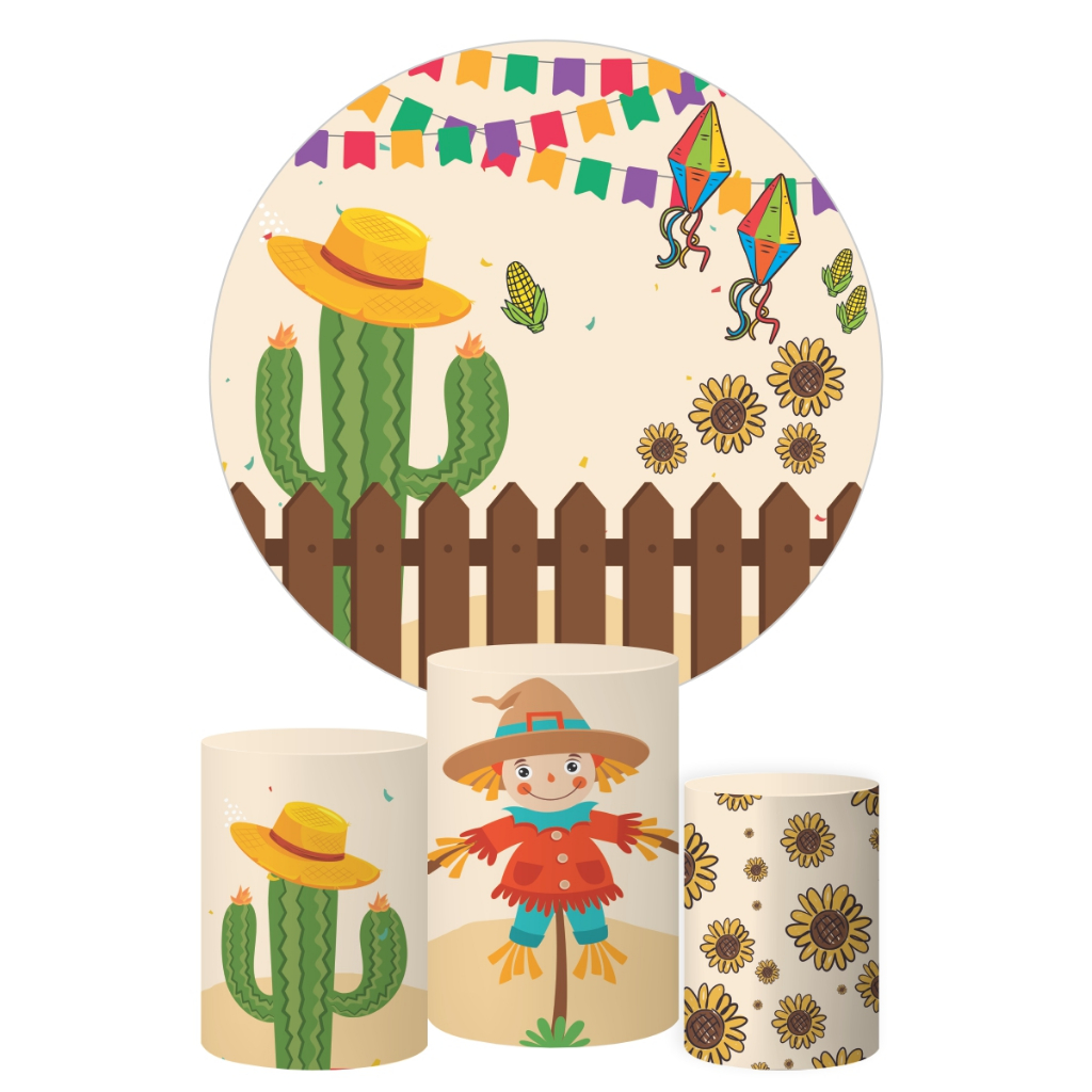 Kit Painel Redondo + Trio Capas Cilindro Festa Junina Arraiá São João Decoração Tecido Veste Fácil Mod 10