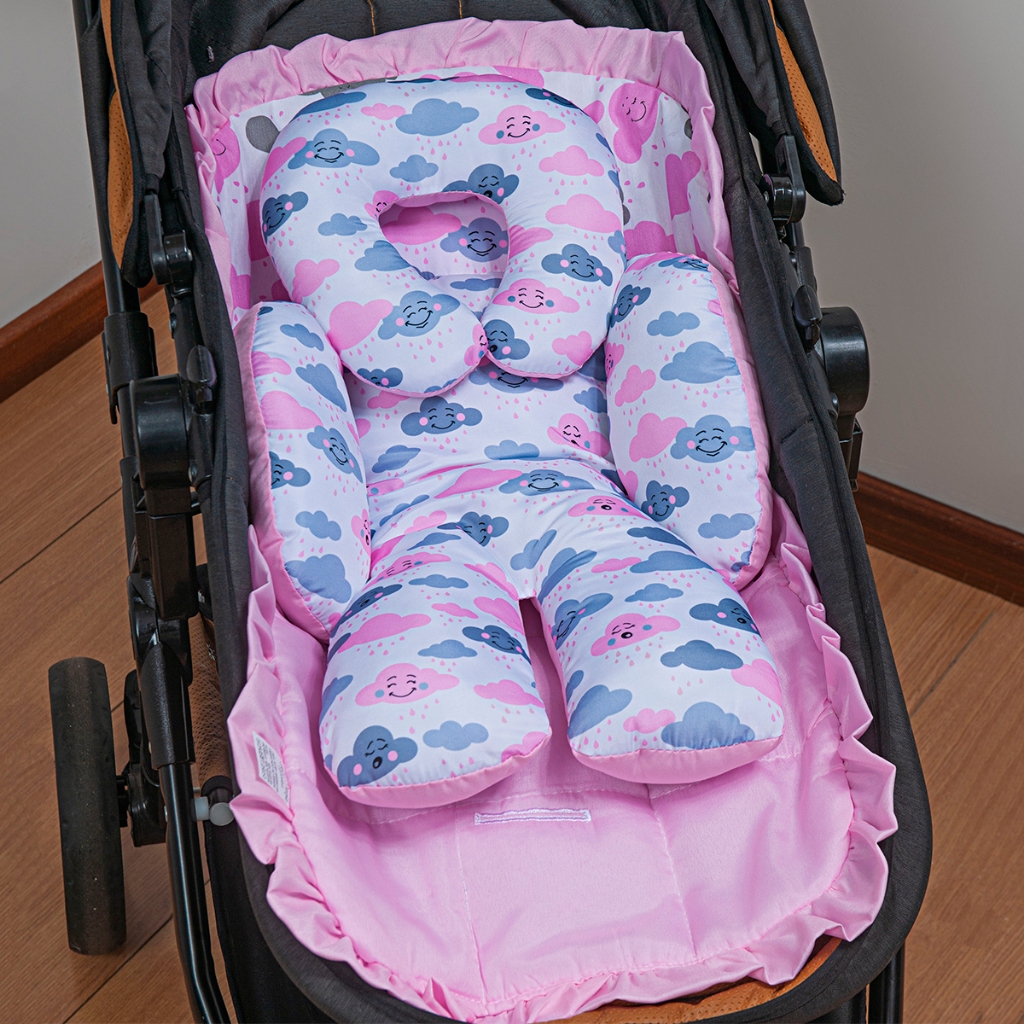 Kit Capa de Carrinho e Apoio Redutor Bebê Universal Acolchoada Algodão Nuvem Rosa Azul Menina Menino