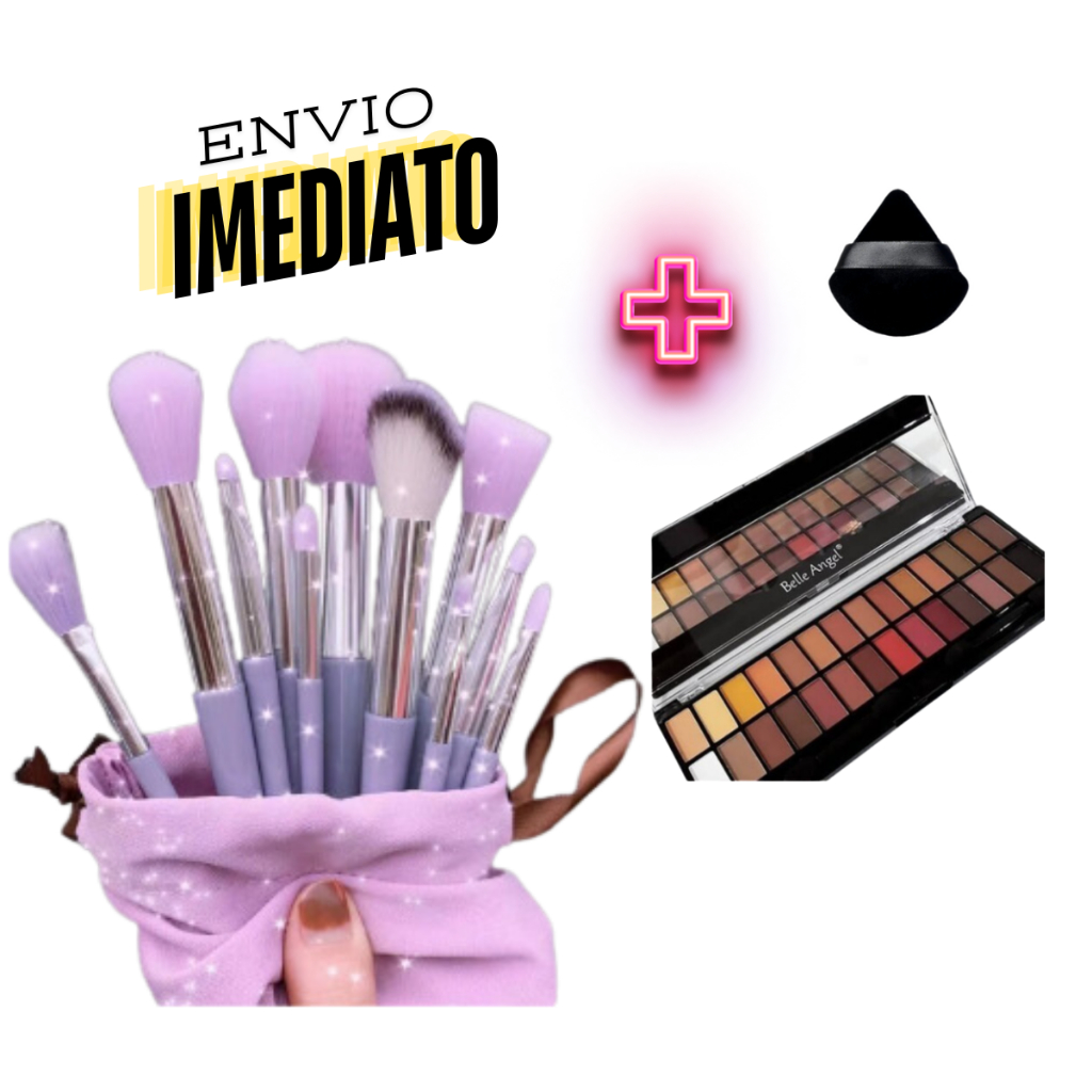 kIT Pincel Maquiagem + Paleta Sombra + Esponja Profissional Com Estojo Aveludado Make Up 13 Pincéis