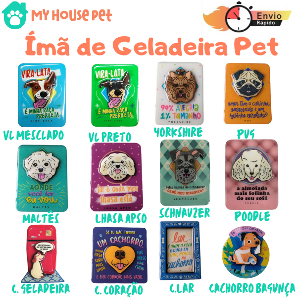 Ímã de Geladeira MDF Duplo Epóxi Linha Pet Raça de Cachorro e Gato Colorido Golden Vira Lata lhasa