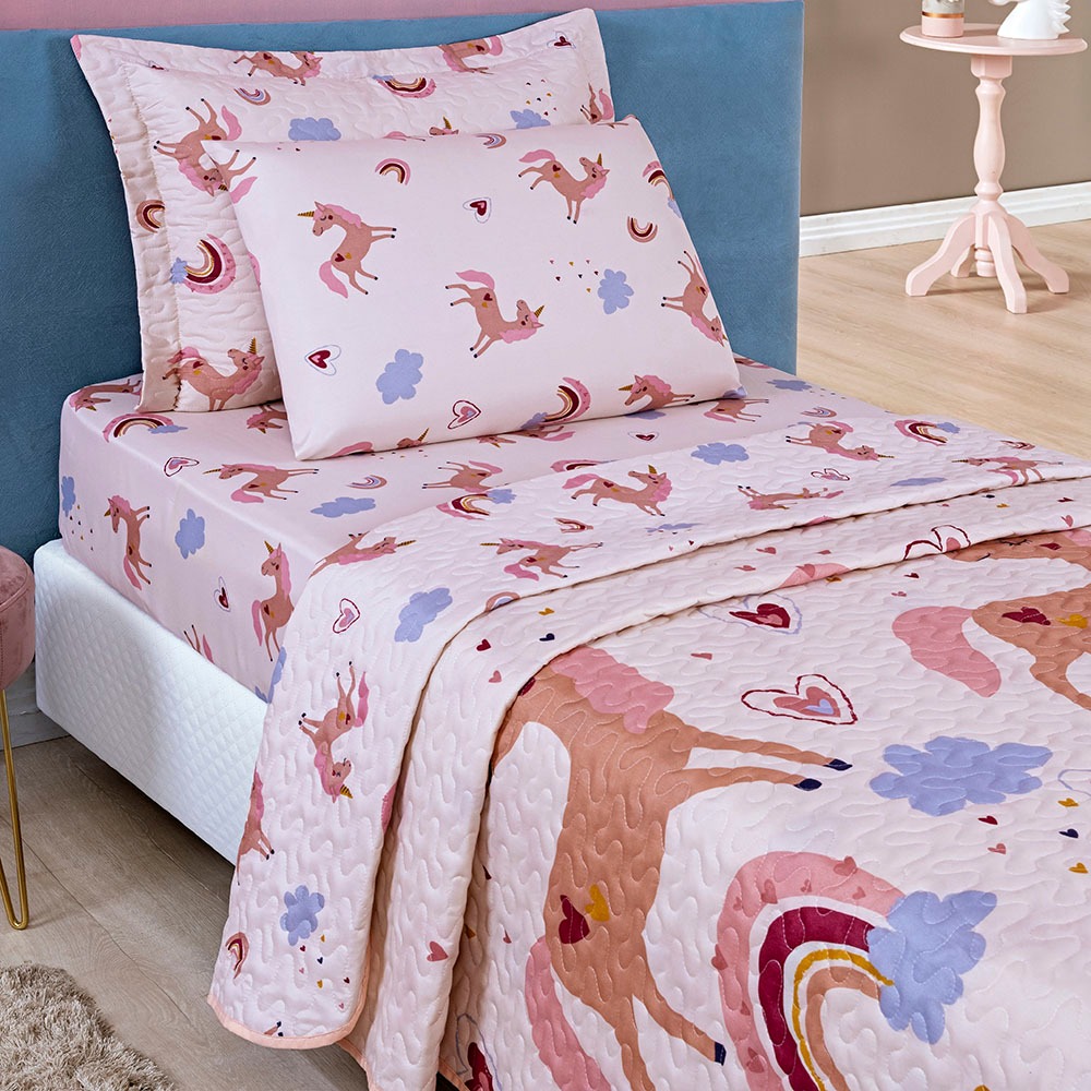 Colcha Bouti Cobre Leito Solteiro Infantil Dupla Face Estampado Unicórnio 02 peças