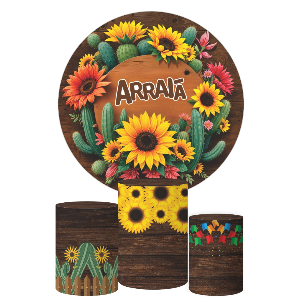 Kit Painel Redondo + Trio Capas Cilindro Festa Junina Arraiá São João Decoração Tecido Veste Fácil Mod 11