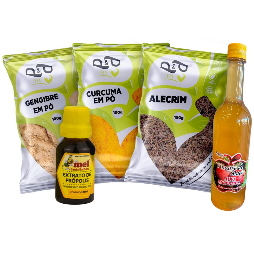 KIT Vinagre de Maçã, Alecrim, Cúrcuma, Gengibre em Pó e Extrato de Própolis