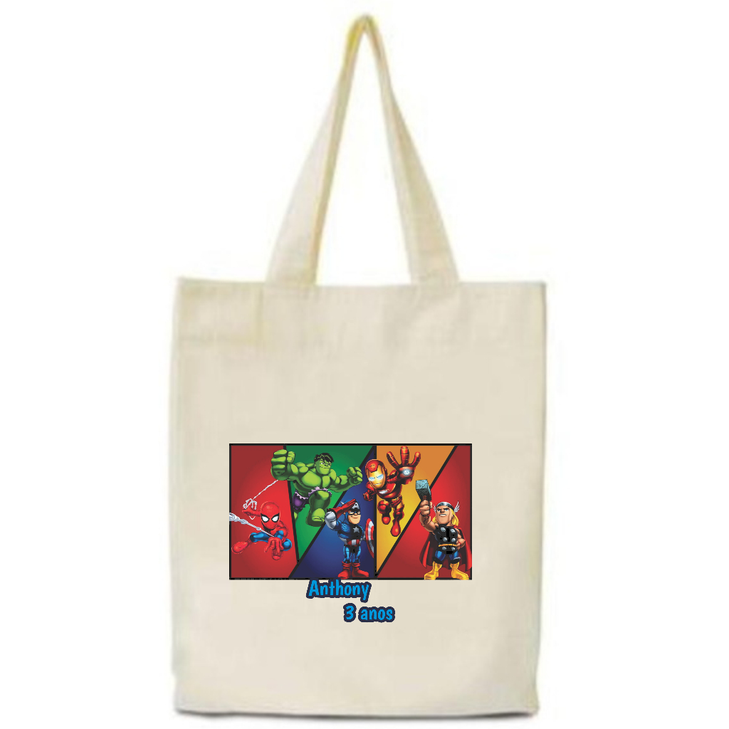 Kit 20 Ecobag Sacolas Algodão 25x30 Transfer 14x20 Personalizado Heróis Brindes Lembrancinha Marvel