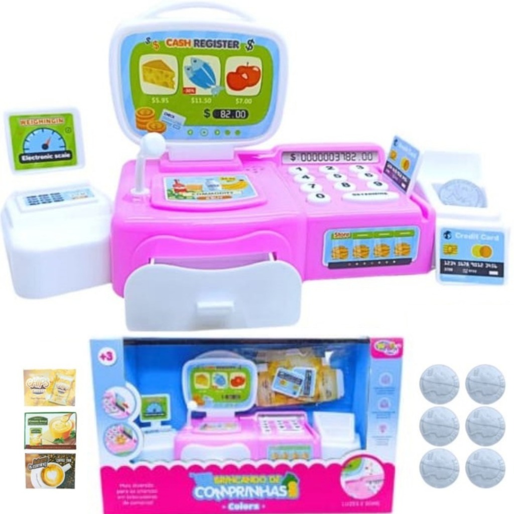 Mini Caixa Registradora COM GAVETA E BALANÇA Infantil Som Luzes MERCADO ACESSORIOS COMPRAS EDUCATIVO