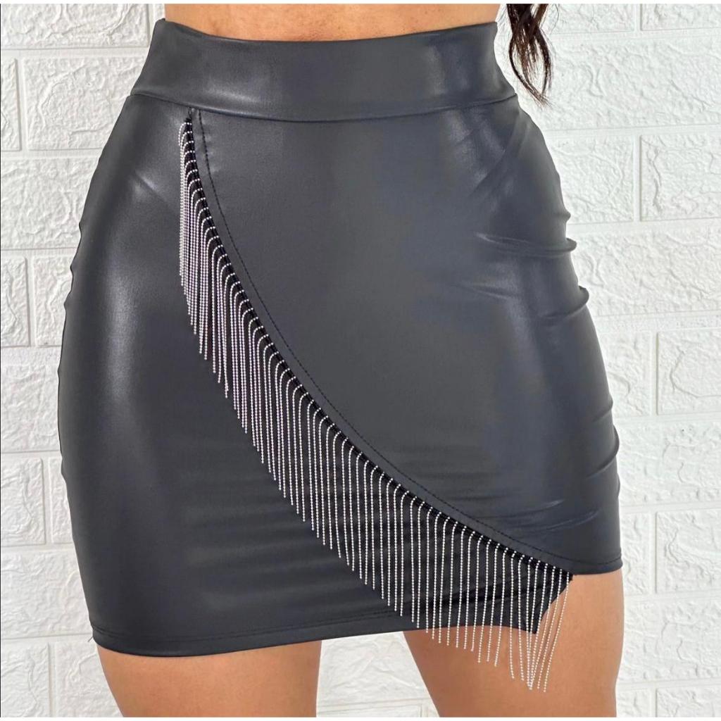 Saia Cintura Alta Curta com Detalhe em Franja na Vertical Moda Rodeio Tendencial Feminina