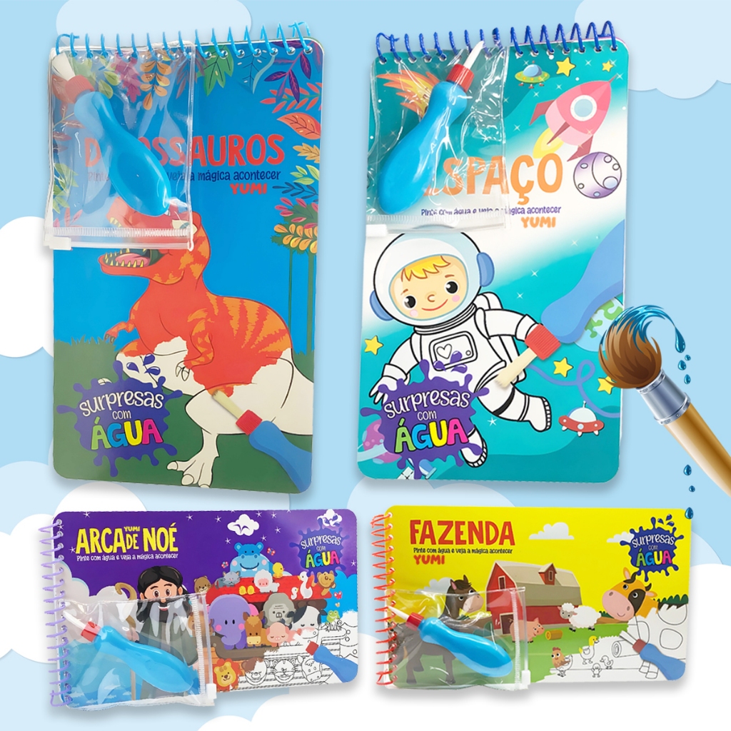 Coleção Agua book / Aquabook com Pincel Para Colorir Com Agua Livro Infantil