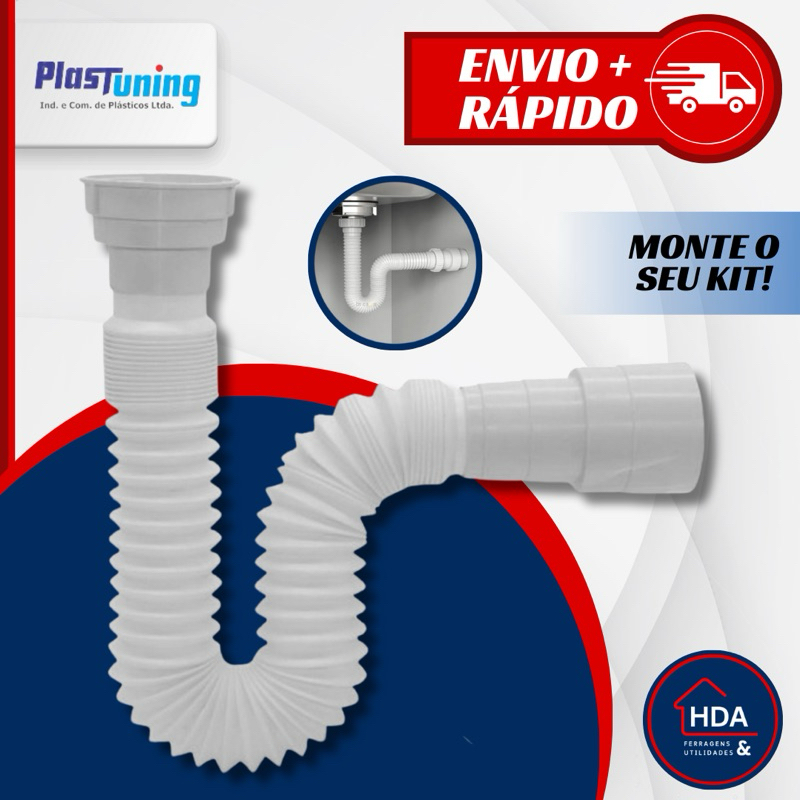 Kit 10x Sifão Tubo Sanfonado Branco Ajustável Lavatório Pia Tanque Universal 70cm - Plastunning