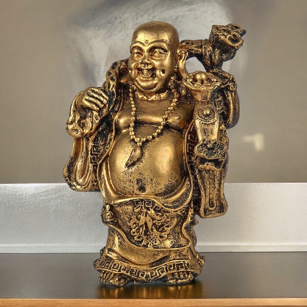 Imagem Estatua Buda Chines Da Fortuna e Riqueza Decorativa 19cm e 9cm