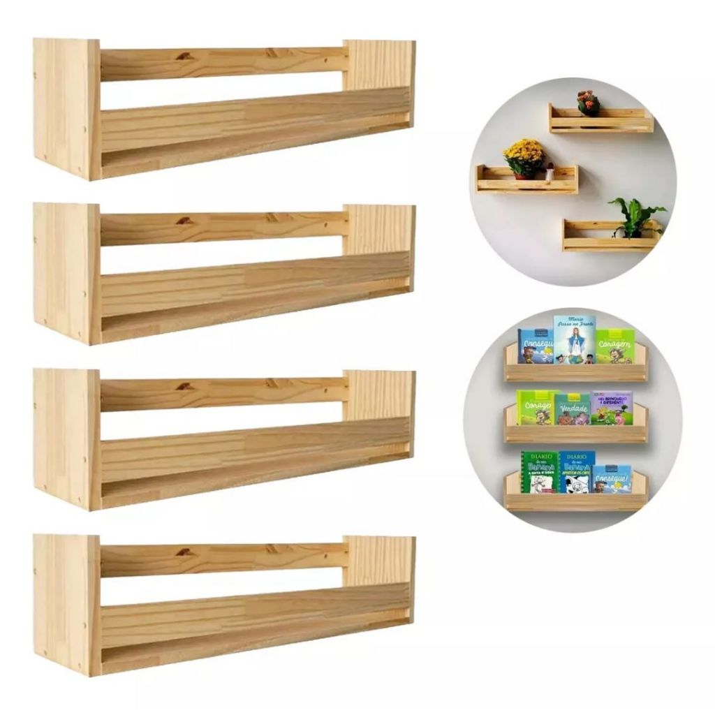 kit Prateleira decoração Nicho Porta Brinquedos Livros Infantil  Madeira Pinus