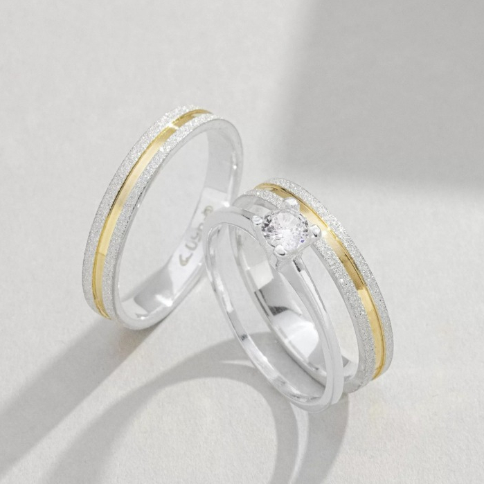 Par de alianças prata 950 friso banhado a ouro minimalista casal 3Mm com anel solitário noivado