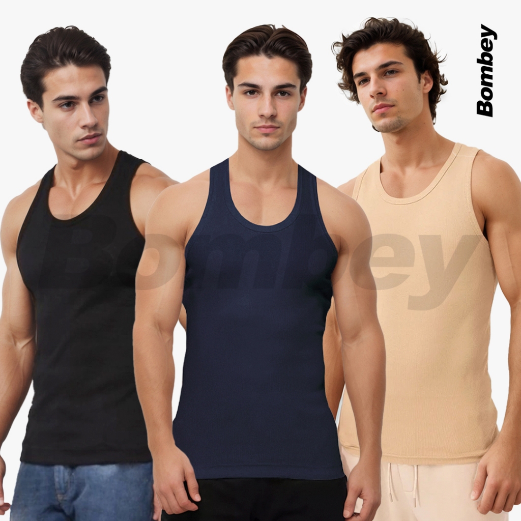 Kit 3 Regatas Masculina Preta + Marinho + Cores Tank Modelo Americano Ribana Algodão Elastano