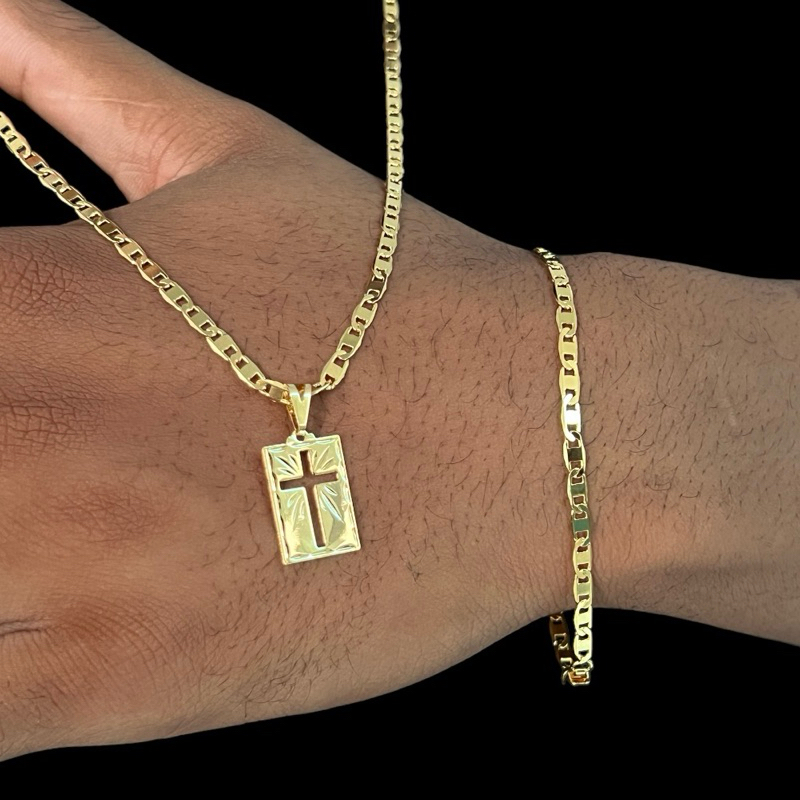 Corrente Correntinha Fina + Pulseira Piastrini Masculino Banhado A Ouro 18k Cordão Pingente Cruz