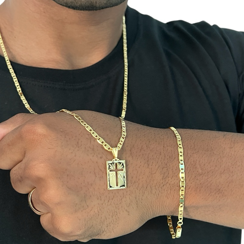 Corrente Correntinha Fina + Pulseira Piastrini Masculino Banhado A Ouro 18k Cordão Pingente Cruz em Oferta na Shopee