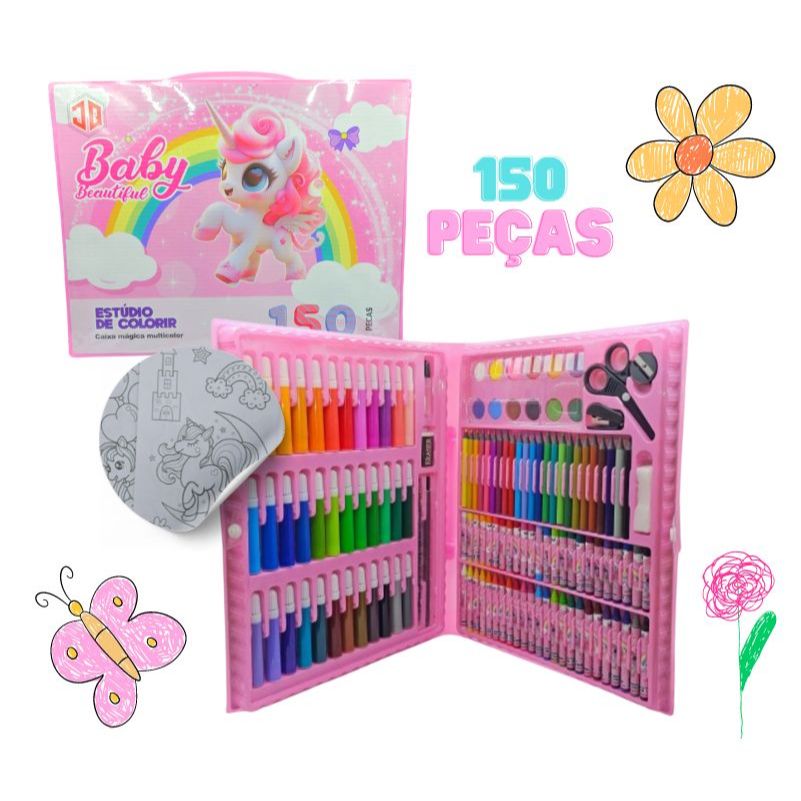 Maleta De Pintura Infantil Estojo 24/48/68150 Peças Para Colorir tema variado Menina Voltas Aulas Canetinhas Lapis Tinta