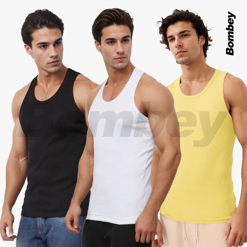 Kit 3 Regatas Masculina Tank Preta + Branca + Cores Modelo Americano Ribana Algodão Elastano