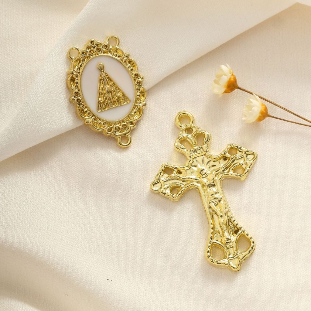 Entremeios Para Terço Nossa Senhora Aparecida Branco + Crucifixo Dourado Alta Qualidade Atacado