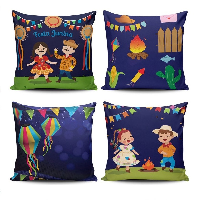 Kit 4 Capas Almofadas Decorativas Festa Junina Quadrilha Festa São João 45x45cm