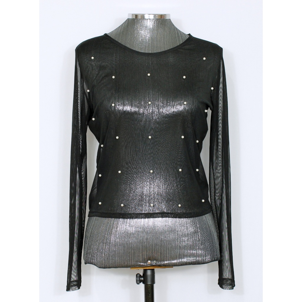 Blusa feminina de tule transparente com aplicação de pérolas Clock House - Veste M - Ref.2292 (brechó)