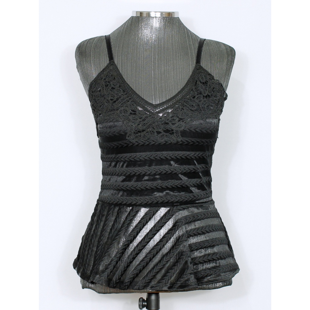 Blusa feminina de festa peplum com transparência e renda preta - Veste P - Ref. 2293 (brechó)