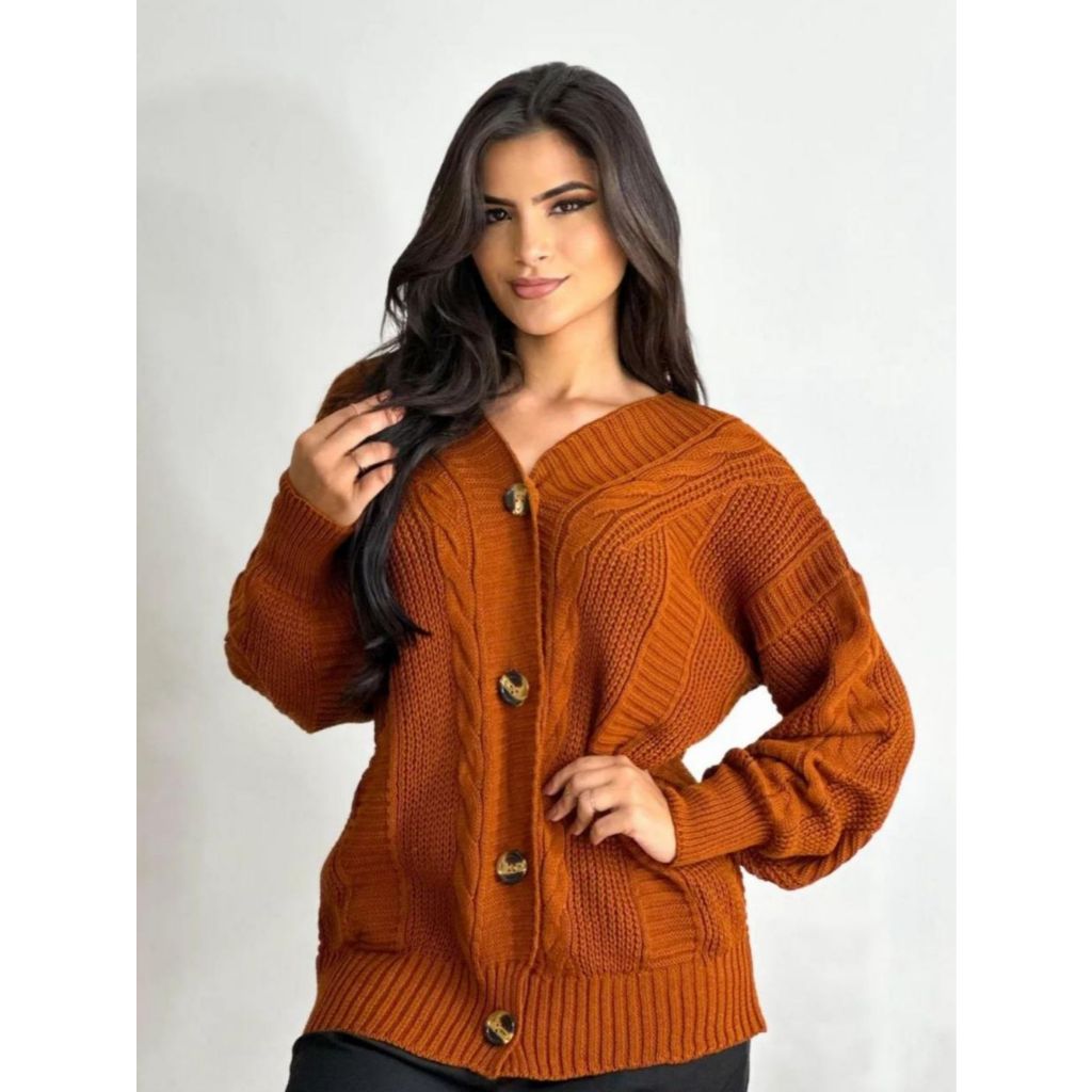 Blusa Cardigan Casaco Plus Size Manga Longa com Botão Tricot Inverno Griffi Tricot