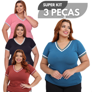 Kit 3 Blusas Feminino T-Shirt Básica Malha G e GG Plus 44/46/48 Detalhe Gola V Casual Confortável em Oferta na Shopee