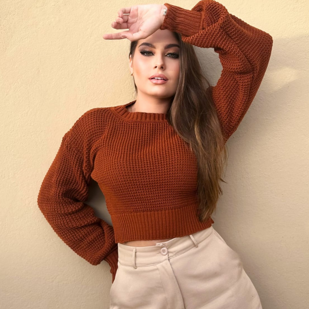 Suéter Feminino Blusa De Frio Tricot Cropped Ombro Caído Manga Longa Tricô Cacharrel Gola ...