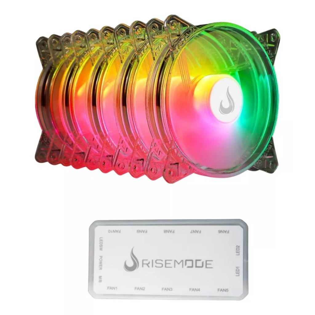 Kit 5 Cooler Fan Gamer 120mm 12cm Transpatente p/ Gabinete | Led Argb | Controlador | Rise Mode Crystal Sound