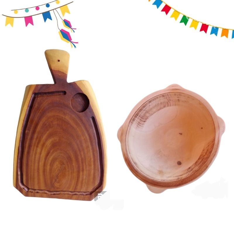 Tábua de carne para churrasco com gamela rustica-kit duas peças tabua mais gamela