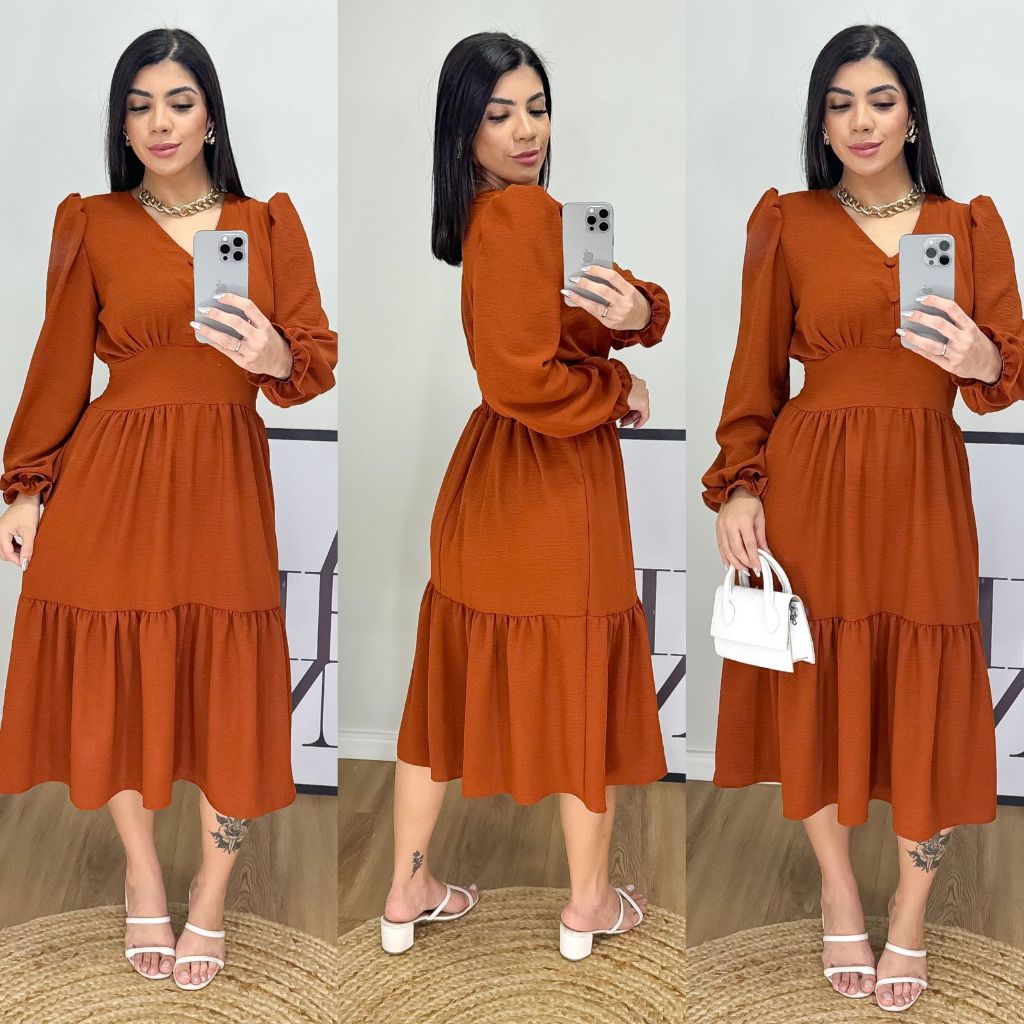 Vestido Midi Liso Feminino com elastex nas costas e com manga longa