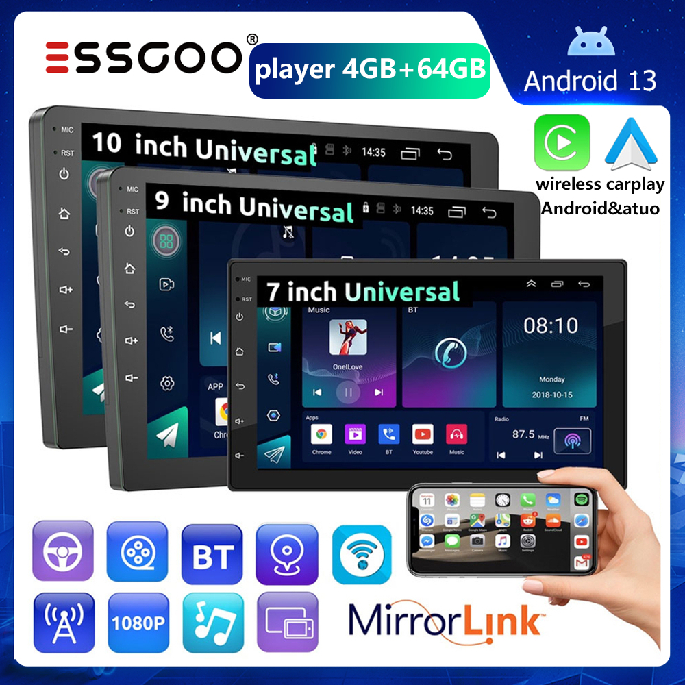 ESSGOO bluetooth 7" 9" 10" 2 din 4 + 64gb android carro mp5 player tela de toque carplay &...