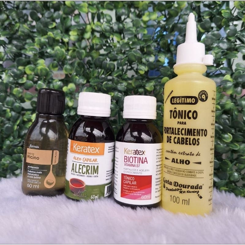 KIT ANTIQUEDA FORTALECIMENTO E CRESCIMENTO ( ALECRIM+ RÍCINO+BIOTINA KERATEX+TÔNICO DE ALHO 100ML GOTA DOURADA