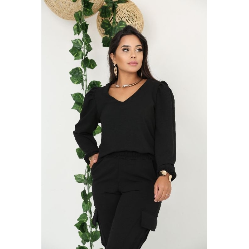 blusa feminina elegante gola v manga bufando duna2024 foto real