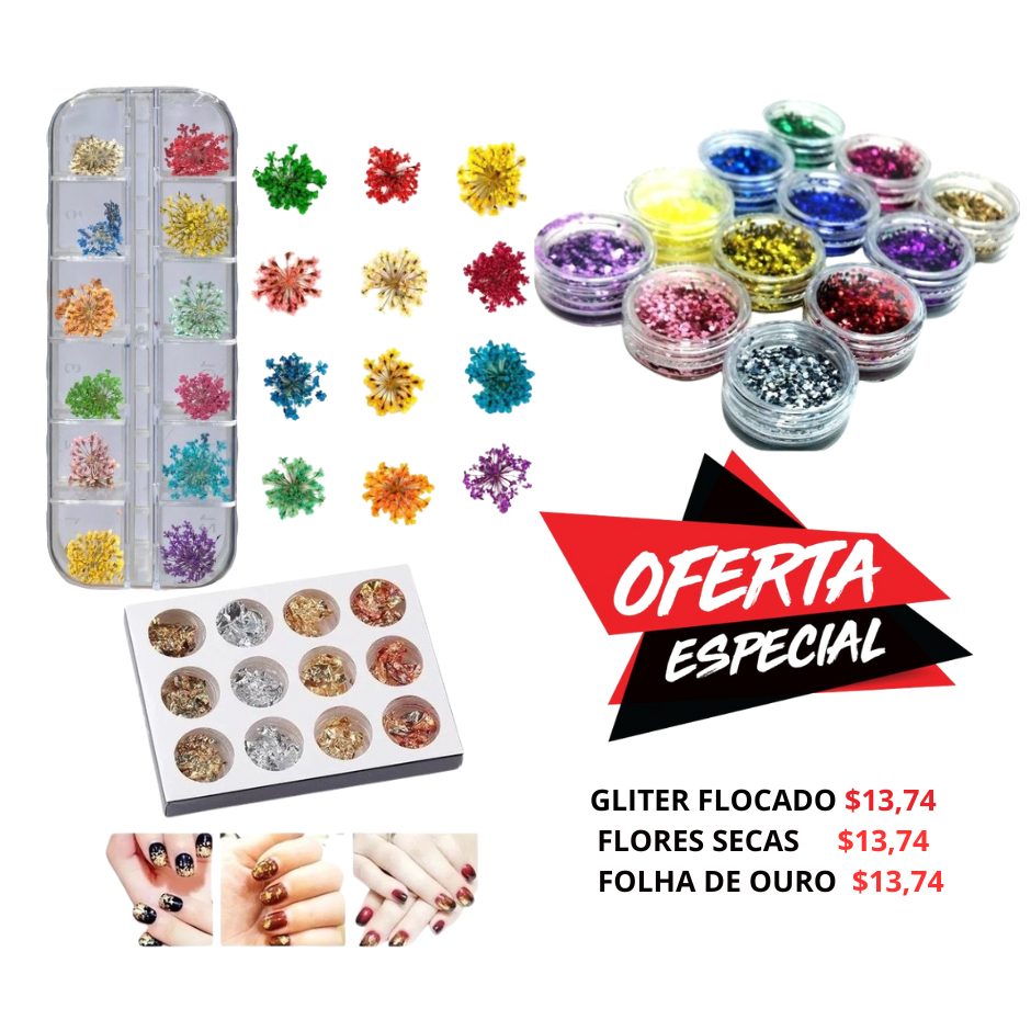 GLITER FLOCADO FOLHA DE OURO FLOR SECA DECORAÇAO DE UNHA DE GEL ACRIGEL OFERTA