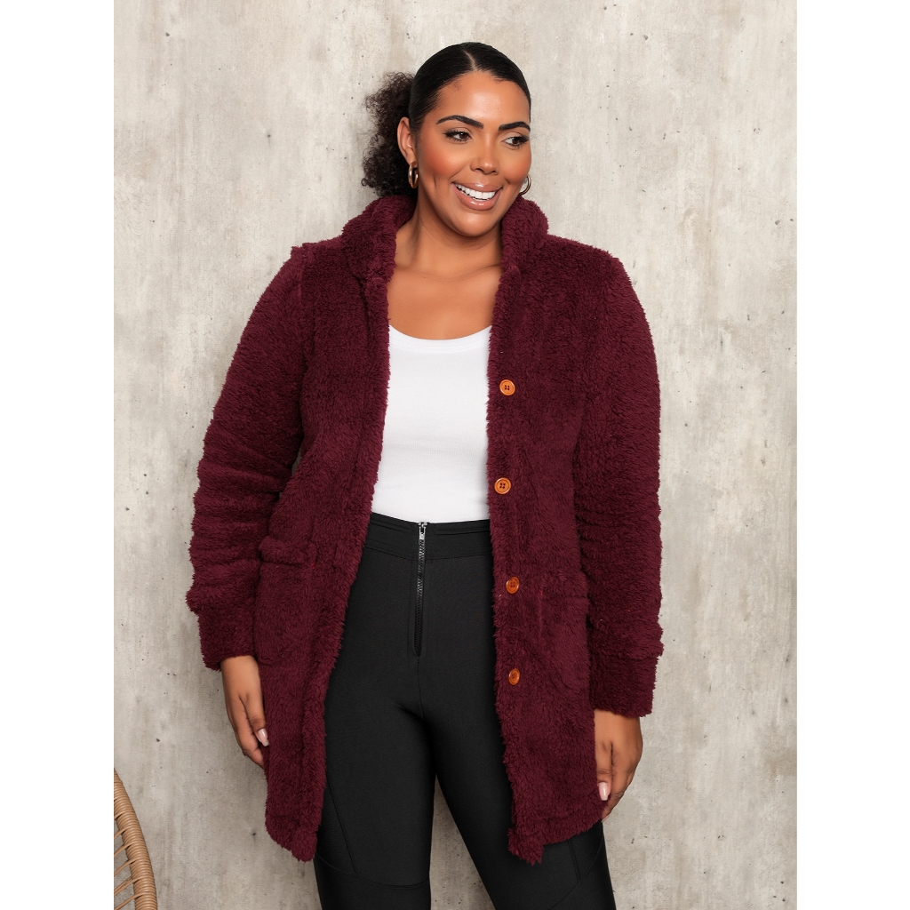 Casaco Teddy Feminino Plus Size e Slim Com Capuz e Bolsos Outono Inverno Quentinho Pelinho Macio