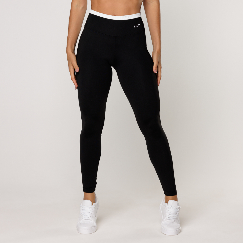 Calça Legging Academia Feminina Preta com cós Branco Fitness Poliamida Elevate