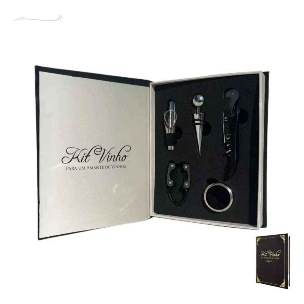 Kit Vinho 5 Peças Abridor Dosador Forma De Livro Saca Rolhas Tampa Presente Dia Pai Lembrancinha