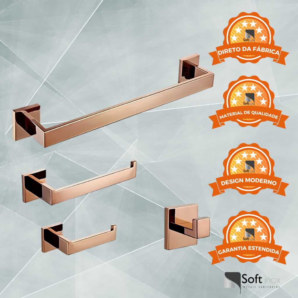 Kit Acessórios Luxo Para Banheiro Aço Inox 4 Peças - Rosê