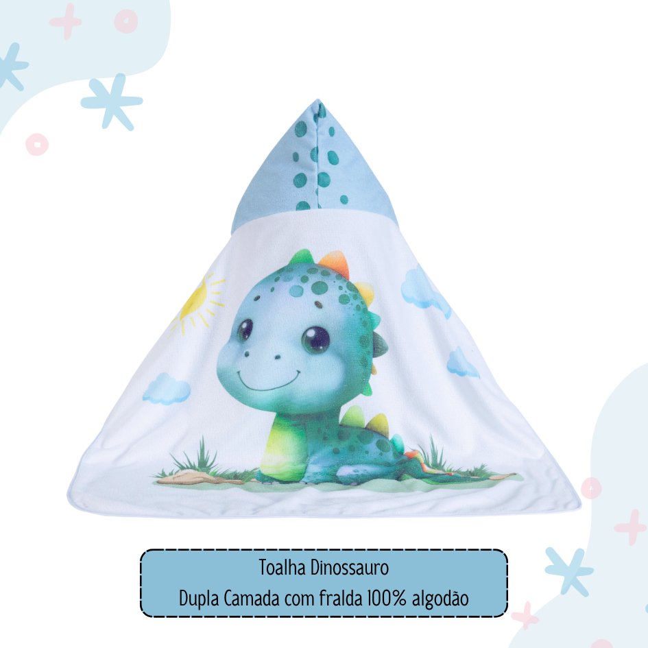 Toalha de banho Dinossauro Azul bebê infantil forrada dupla camada fralda 100% algodão toque suave