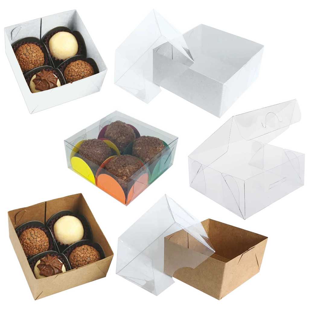 50 Caixas de Acetato com visor transparente 8x8x4 caixinha 4 docinhos brigadeiro gourmet 4x8x8