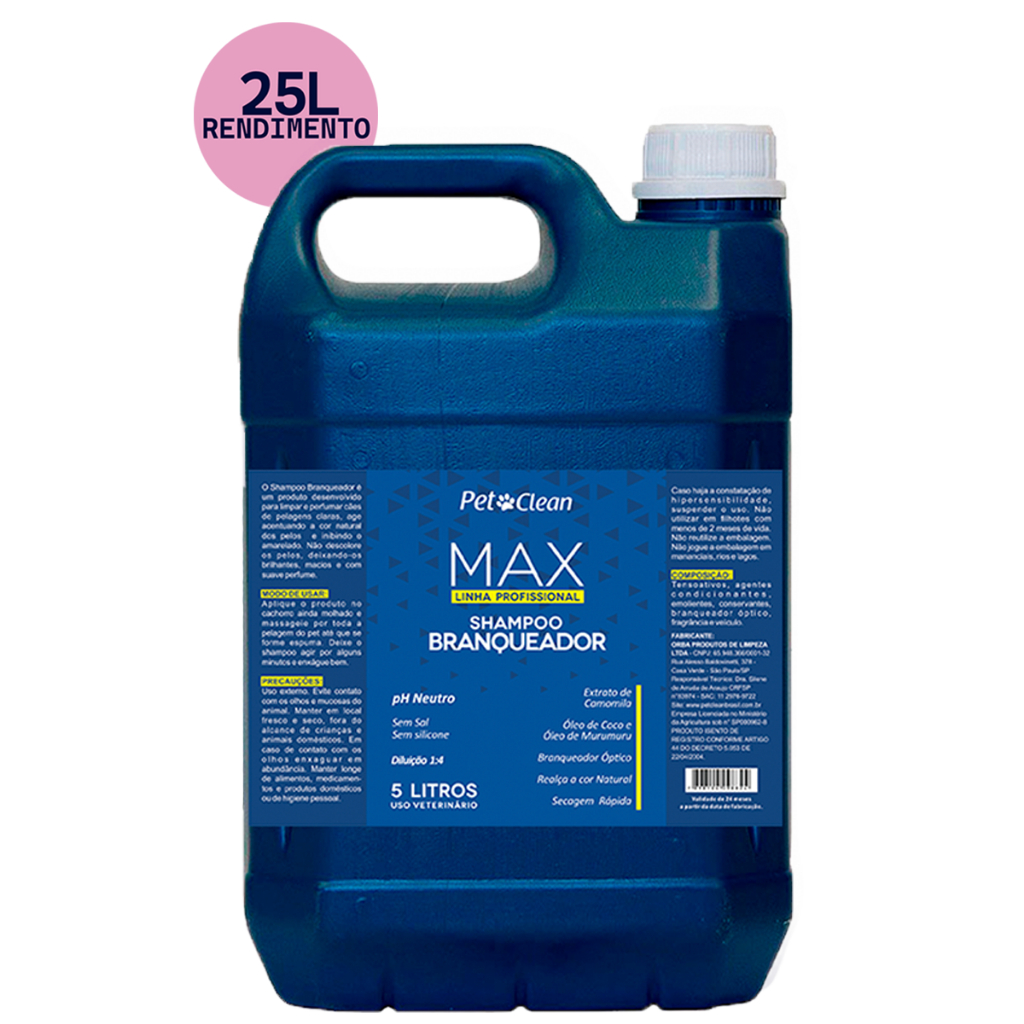 Shampoo Pet Shop Banho Cachorro Gato Branqueador Linha Max Profissional 5 Litros Rende 25 Pet Clean