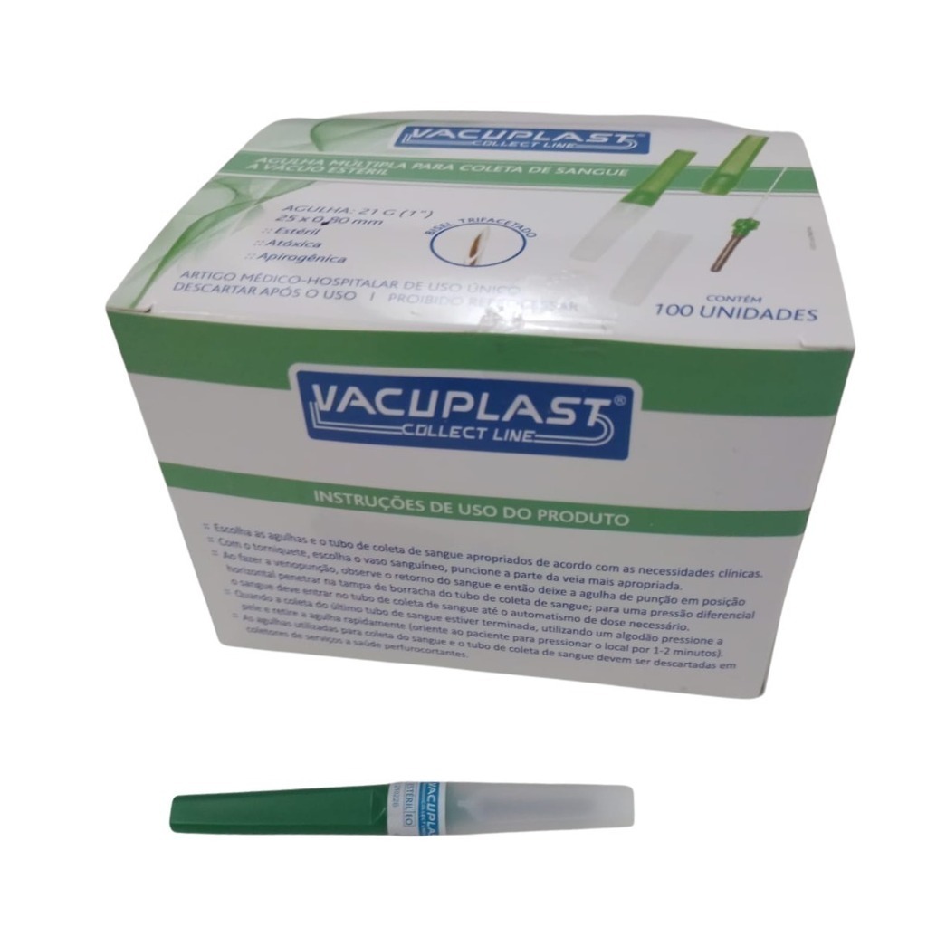 Agulha Coleta de Sangue a Vácuo 21g 25x0,80mm 100 unidades