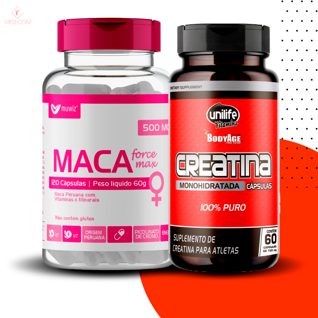 Maca Peruana Feminina 120 Cápsulas 500mg Muwiz + Creatina 100% Pura 60 Cápsulas Unilife