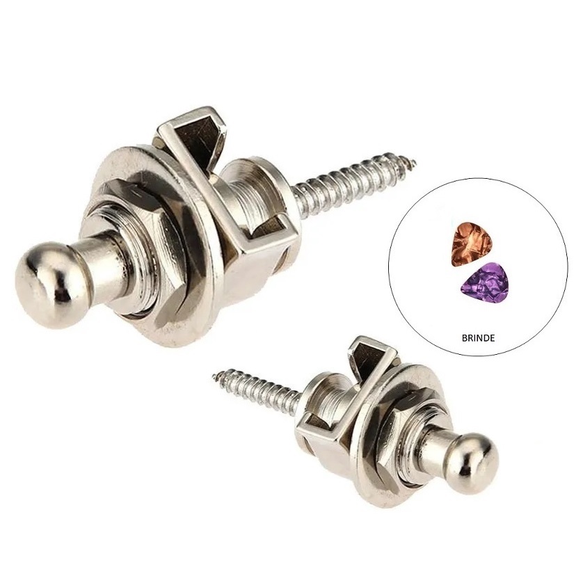 Strap Lock Trava Correia Talabarte Par 2 Peças Guitarra Violão Contra Baixo Cromado + Palhetas