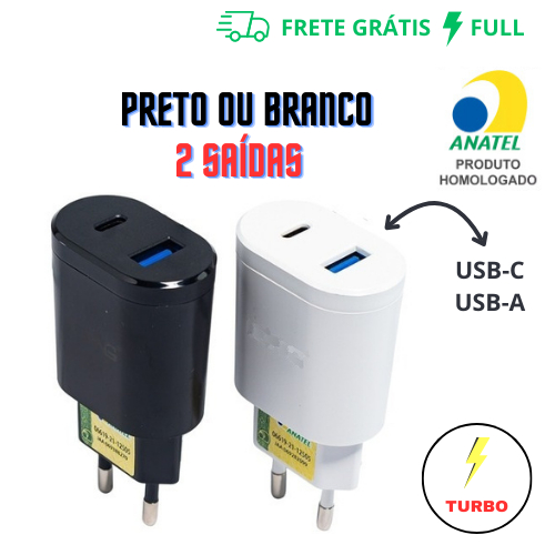 FONTE CARREGADOR TURBO PRETO OU BRANCO 2 SAIDAS USB E TIPO-C 5.1A