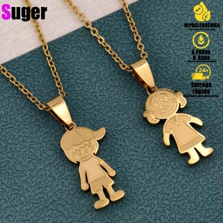 Colar Corrente de Prata Dourado.Pingente Casal Menino Menina Irmãos Família Aço Inox em Oferta na Shopee