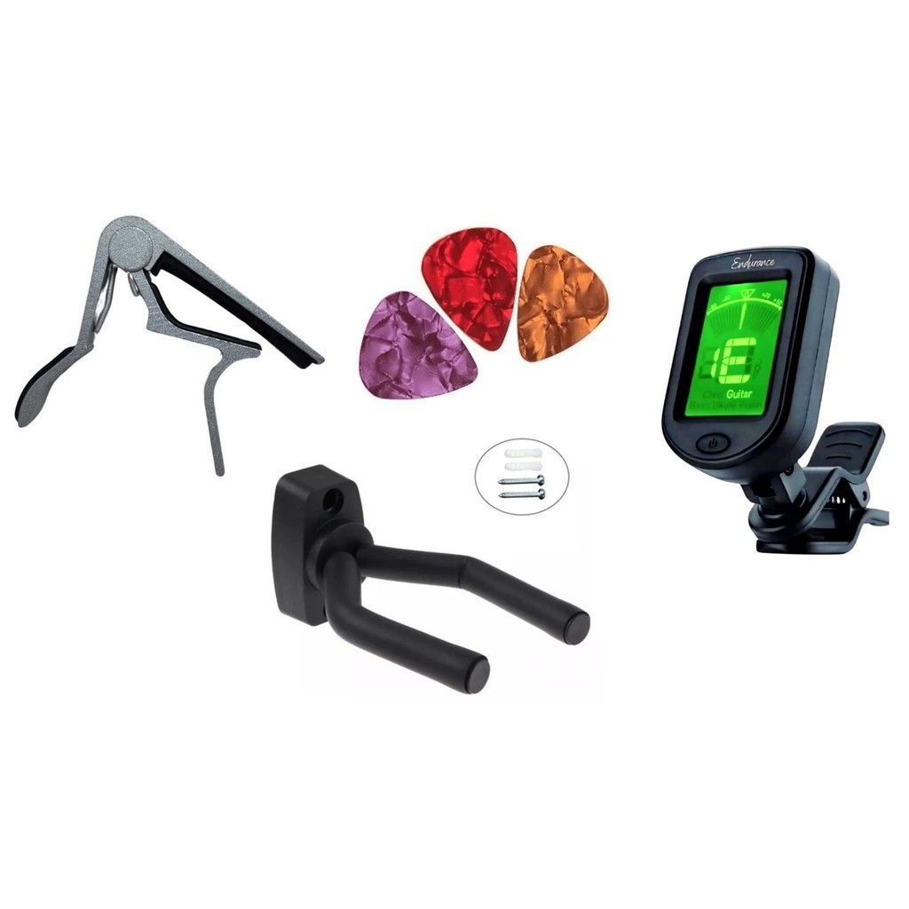 Kit Afinador Clip, Capotraste, Correia e 3 palhetas Brinde
