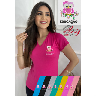 Camiseta  Blusa Feminina Educação Bordado Coruja Baby Look Uniforme Confortável Escolar em Oferta na Shopee