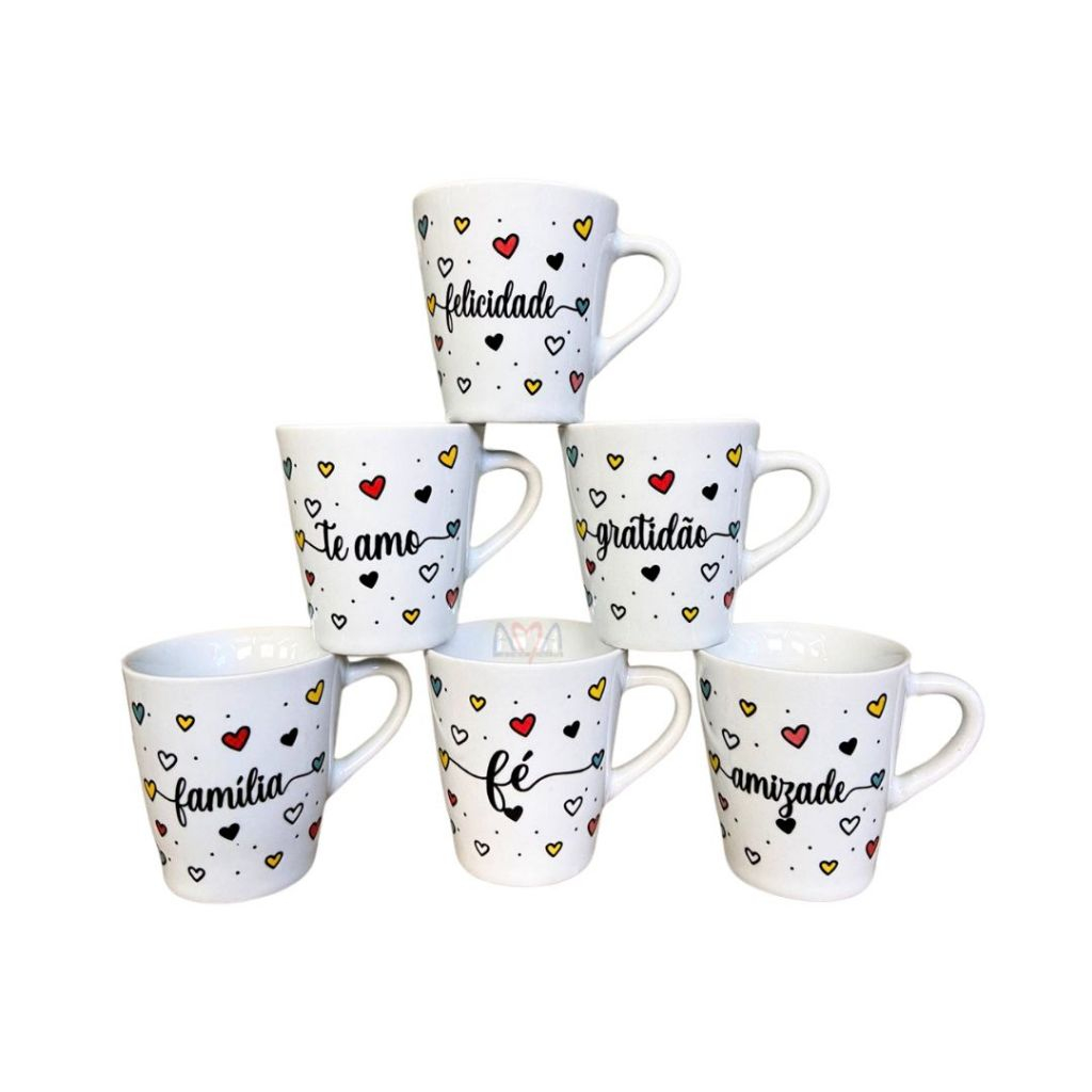 Conjunto Com 6 Xicaras Porcelana Branca Decorada 120Ml